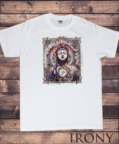 Men’s White T-Shirt Om Aum Yoga Blue Buddha Frame Chakra Meditation India Zen Print TS930