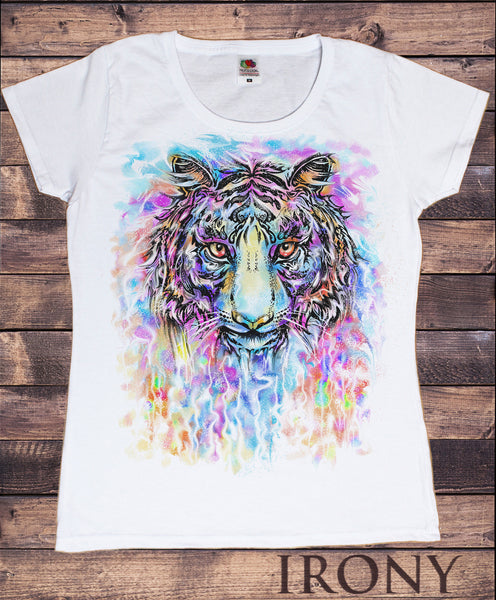 Women\'s White T-Shirt Colourful Tiger Explosion- Beautiful Colour mix tiger  Print TS747 | T-Shirts