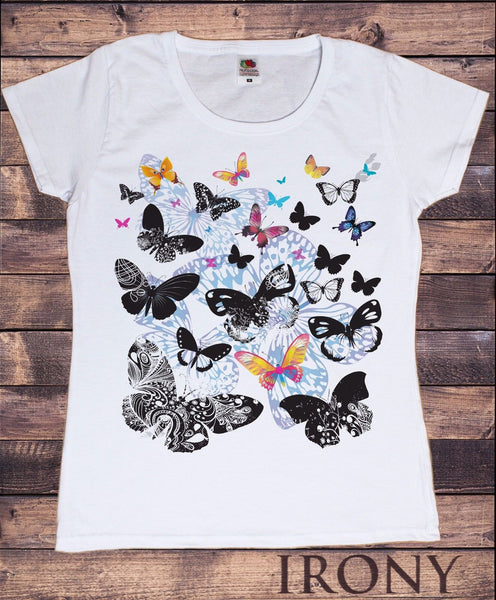 Butterfly Novelty All Design Summer TS246 T-shirt Women\'s White Scattered Over