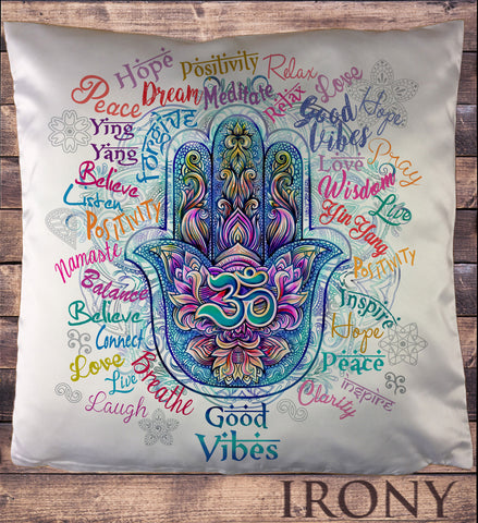 Positive Slogans All Over- Hamsa Hand Fatima Om India Cushion Cover CUS889