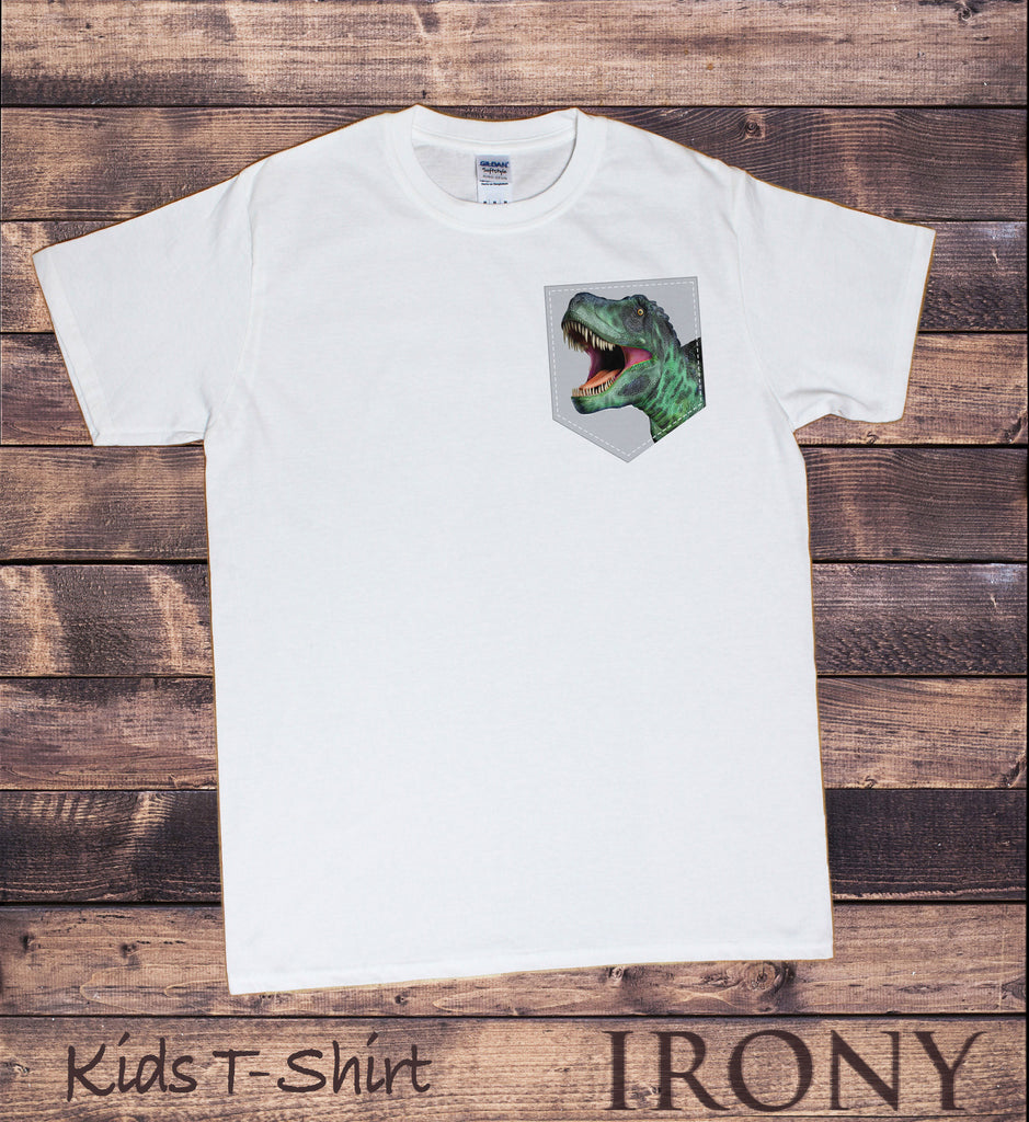 Kids White T-Shirt Dinosaur Pocket - T-Rex Creature Fashion Print KDS990