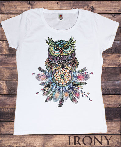 Women’s Tee Colourful Owl Abstract- American Feathers Tribal Print TS1169