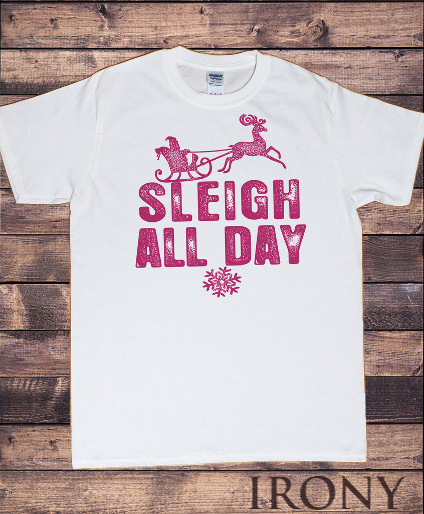 Mens T-Shirt Christmas 'Sleigh All Day' Santa Reindeer Snowflakes Gift Print TS1061
