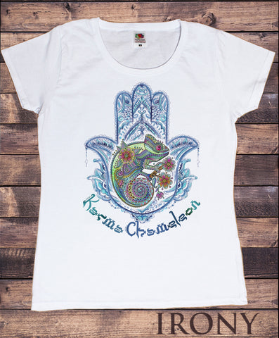 Women’s T-Shirt Karma Chameleon Lizard Peace Hamsa Hand Of Fatima Palm Print TS1077