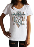 Women’s White T-Shirt Tribal Red Indian Native American Feathers Dream Catcher TS1165