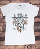 Women’s White T-Shirt Tribal Red Indian Native American Feathers Dream Catcher TS1165