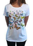 Women’s White T-Shirt With Scattered Butterflies Colourful Print TS1192