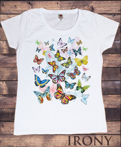Women’s White T-Shirt With Scattered Butterflies Colourful Print TS1192