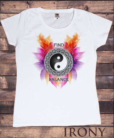 Women's T-Shirt "Find Balance" Flowery Ying Yang Design Print TS1231