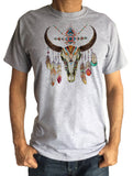 Mens T-Shirt Cow Skull American Feathers Red indian Skeleton Aztec Print TS1233