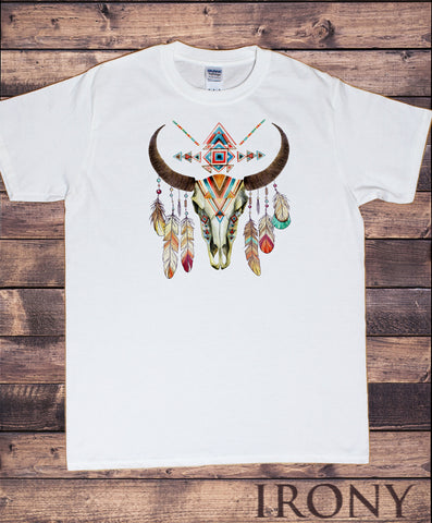 Mens T-Shirt Cow Skull American Feathers Red indian Skeleton Aztec Print TS1233