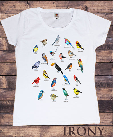 Women's White T-Shirt Indie Bird Watching,Twitchers, Bird names iconic Print TS1292