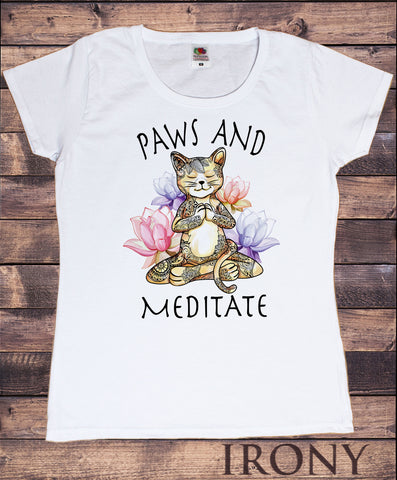 Women's T-Shirt Yoga Cat Paws and Meditate - Lotus Meditation Cat Pose TS1379