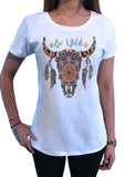 Women’s Top Be Wild Cow Skull American Feathers Red indian Aztec TS1439