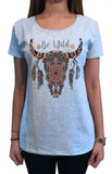 Women’s Top Be Wild Cow Skull American Feathers Red indian Aztec TS1439