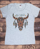 Women’s Top Be Wild Cow Skull American Feathers Red indian Aztec TS1439