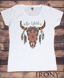 Women’s Top Be Wild Cow Skull American Feathers Red indian Aztec TS1439