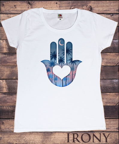 Women's T-Shirt Hamsa Hand Tropical Palm Trees Heart Graphical Print TS1556