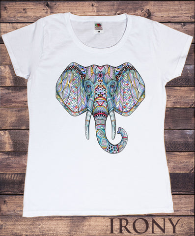 Women's White T-shirt Beautiful Elephant Ethnic Pattern Print TS1576