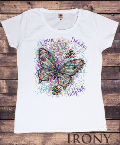 Womens T-Shirt Top Love Dream Inspire Butterfly Print TS1609