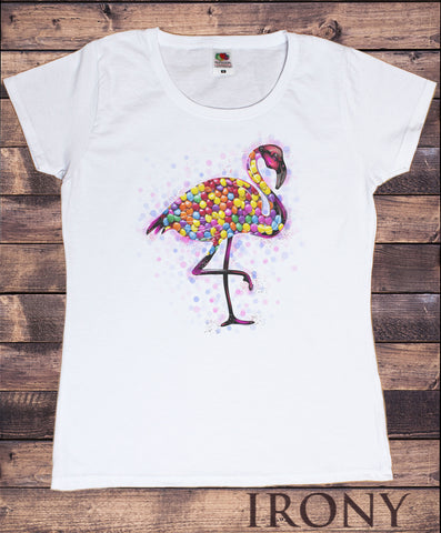 Womens T-Shirt Top Flamingo Colourful Smarties Print TS1636