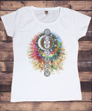 Women’s T-Shirt Buddha Coloured Chakra Symbols Colourful Design TS1704