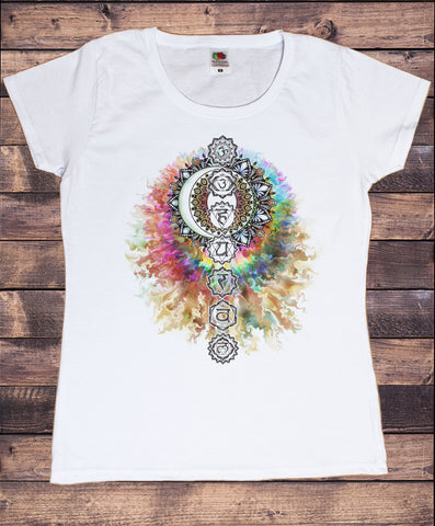 Women’s T-Shirt Buddha Coloured Chakra Symbols Colourful Design TS1704