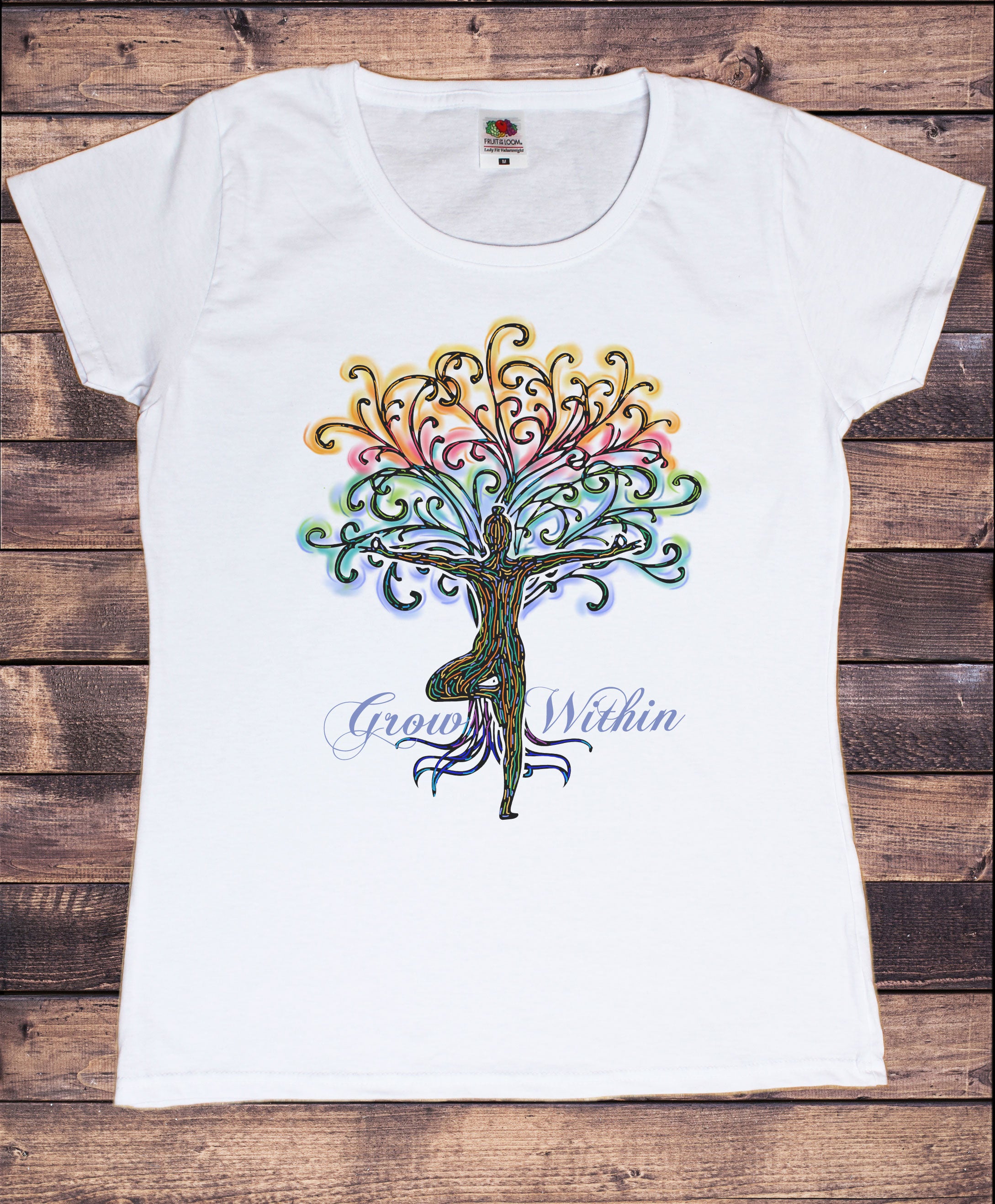 Women's T-Shirt Colourful Meditation Yoga Pose Grow Within Tree Print TS1808