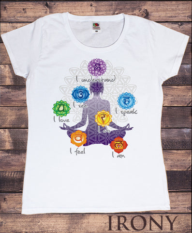 Women's T-Shirt Buddha Meditation Chakra Symbols- Understand, see, feel, love Geometric Design TS899