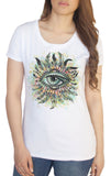 Women’s White T-Shirt Red Indian Native Eye American Feathers- Eye Iconic Culture Novelty TS900