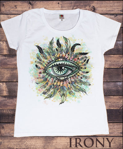 Women’s White T-Shirt Red Indian Native Eye American Feathers- Eye Iconic Culture Novelty TS900