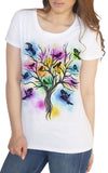 Women's White T-Shirt Bird Tree Beautiful Paint Splatter Brush Effect Print TS925