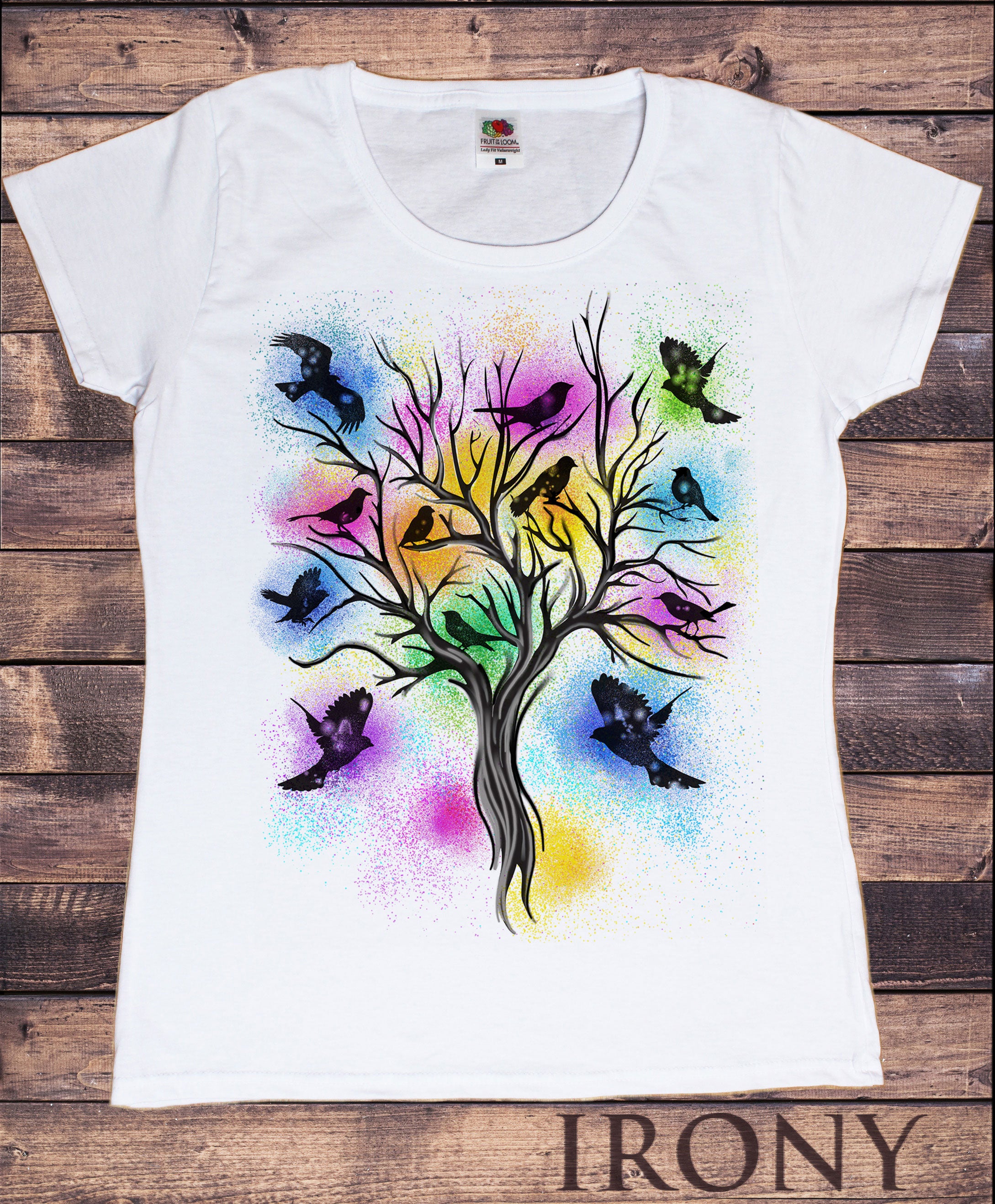 Women s White T Shirt Bird Tree Beautiful Paint Splatter Brush Effect Print TS925