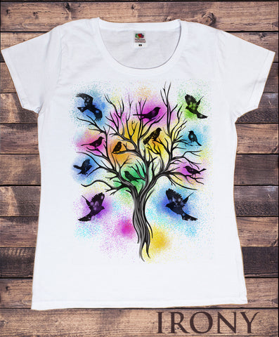 Women's White T-Shirt Bird Tree Beautiful Paint Splatter Brush Effect Print TS925