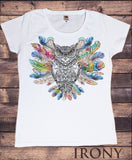 Women’s White T-Shirt Tribal Red Indian Owl Native American Feathers TS926