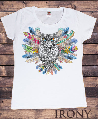 Women’s White T-Shirt Tribal Red Indian Owl Native American Feathers TS926