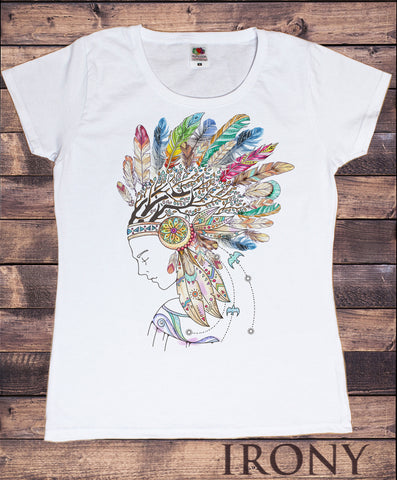 Women’s White T-Shirt Tribal Red Indian Native American Feathers Culture Novelty TS927