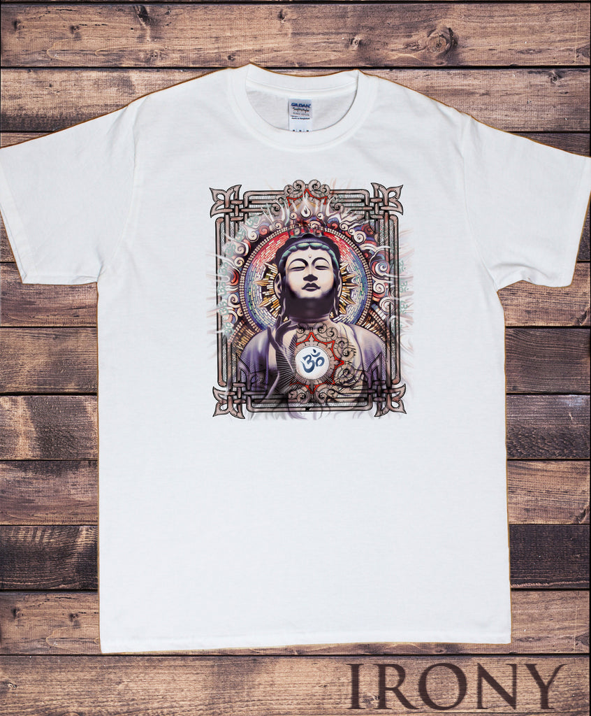 Men’s White T-Shirt Om Aum Yoga Blue Buddha Frame Chakra Meditation India Zen Print TS930