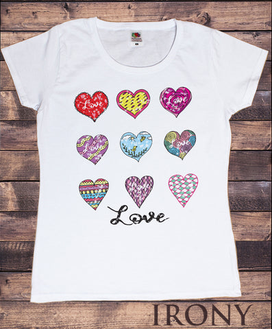 Women's White T-Shirt With Love Hearts- 9 different heart emotions Print TS938