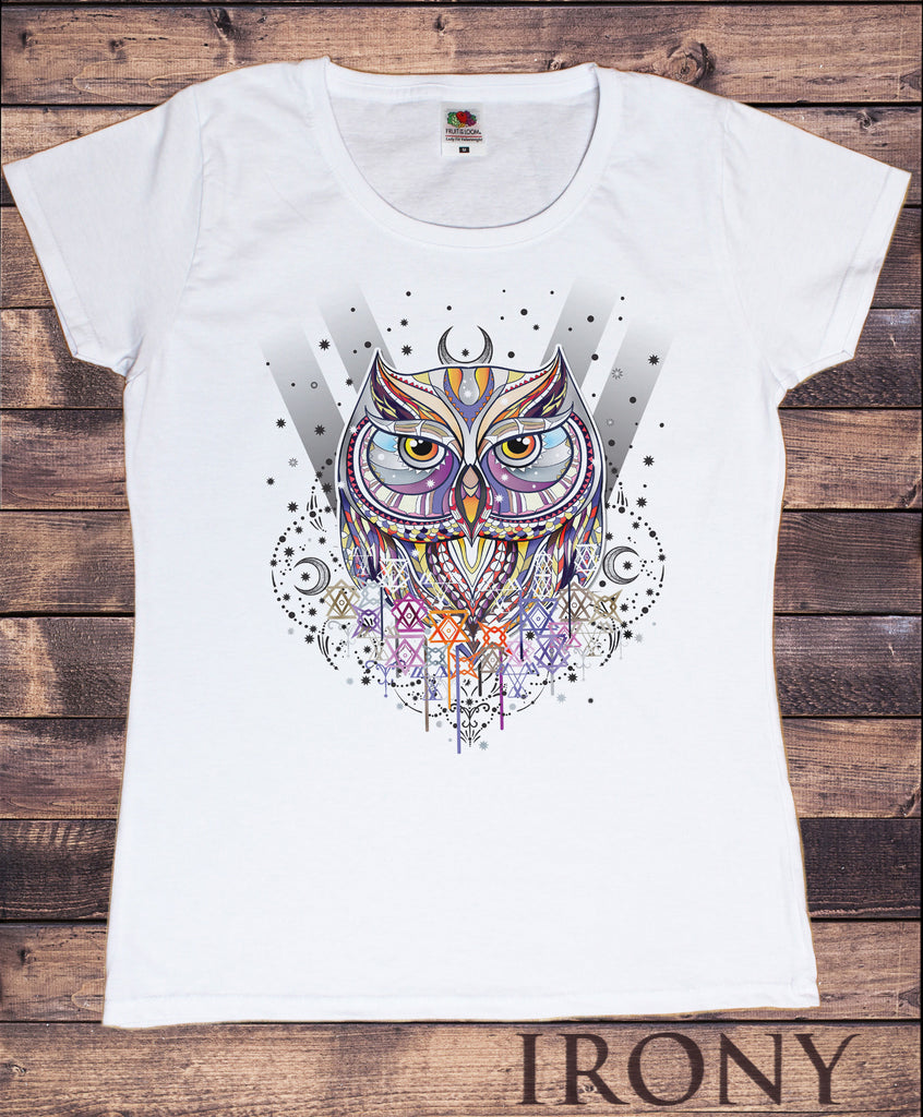 Women’s T-Shirt Owl Native Night Moon and stars Abstract Print TS959