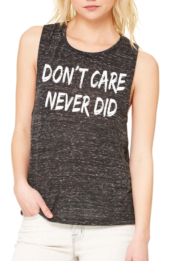 Women's Flow Scoop Muscle Tank Don't Care, Never Did Genuine Slogan Print TSB1436