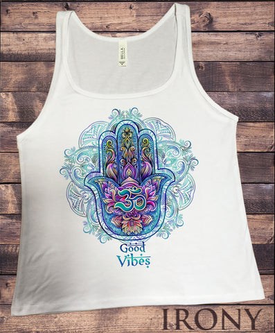 Irony T-shirt Jersey Tank Top "Good Vibes" Om India zen Positive Slogan Hamsa Hand Of Fatima Print JTK788