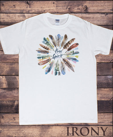 Irony T-shirt Men's White T-Shirt "Free Spirit" feathers Design- Love & Peace Arrows Print TS678
