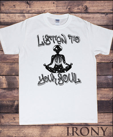 Irony T-shirt Men's White T-Shirt "Listen To Your Soul" Meditation Yoga- Headphones Graffiti Brushed Print TS729B