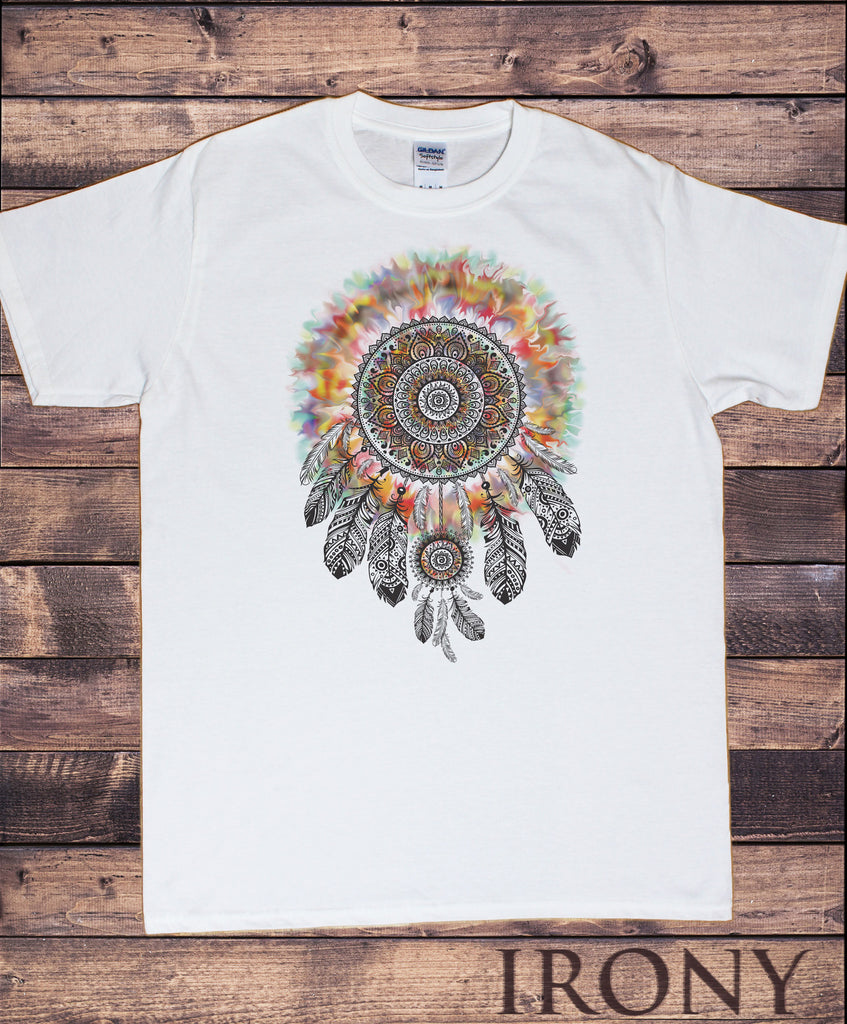 Irony T-shirt Men’s White T-Shirt Tribal Red Indian Native American Feathers Culture Novelty Tie Dye Print TSO12