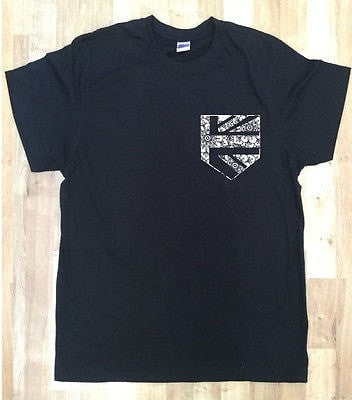 Irony T-shirt Mens Black T-Shirt With British Flag Print Pocket Print Chest Pocket 100% Cotton