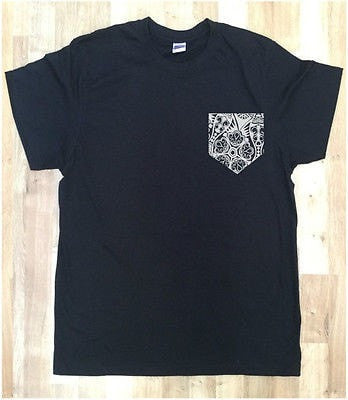Irony T-shirt Mens Black T-shirt With White Floral Design 2 Print Pocket Printed Chest Pocket