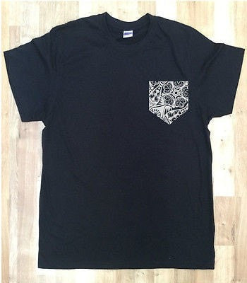 Irony T-shirt Mens Black T-shirt With White Floral Print Pocket Printed Chest Pocket 100% Cott