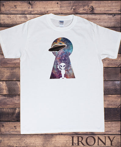 Irony T-shirt Mens T-shirt Alien with Space Key Hole Print/Universe UFO T-Shirt -Graphic T-shirt