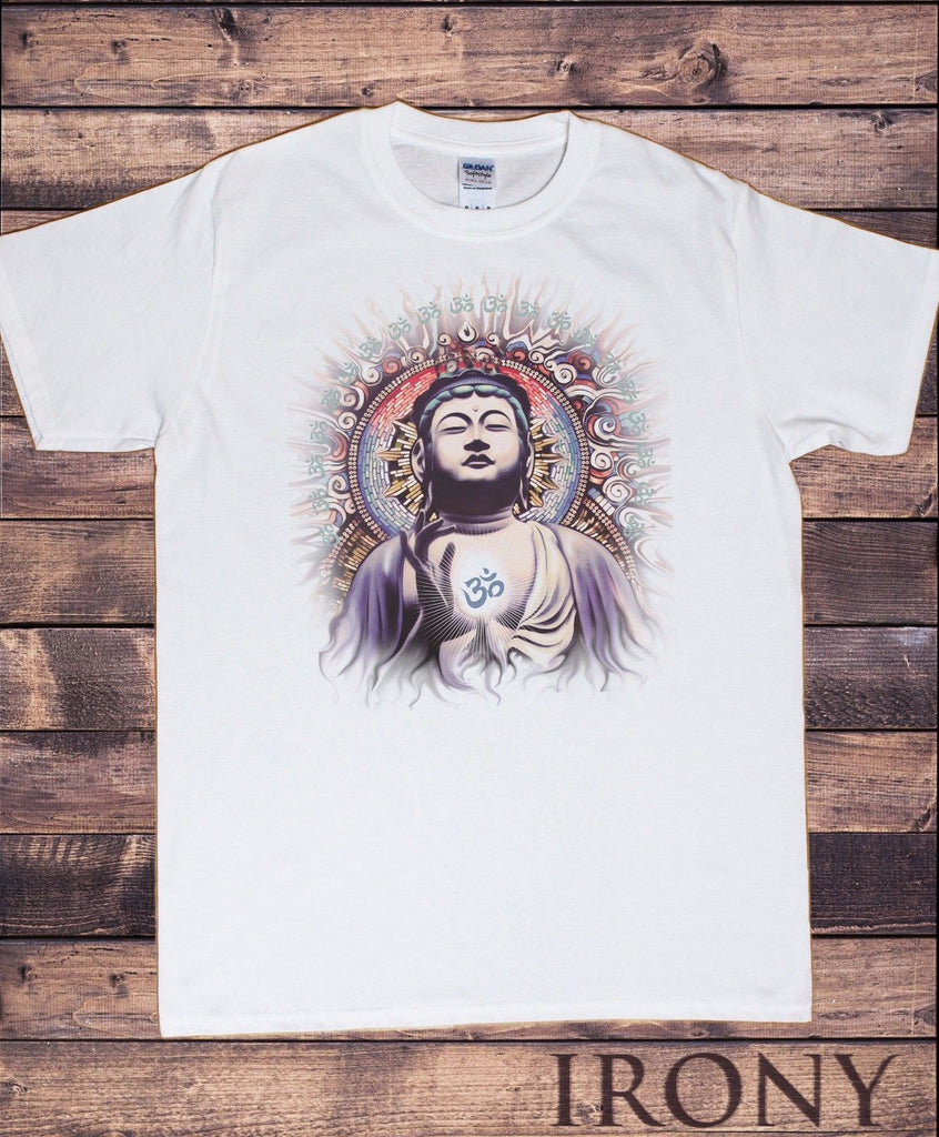 Irony T-shirt Mens White Om Aum Yoga Buddha Chakra Meditation Zen Hobo Boho - Blue Buddha TSH3